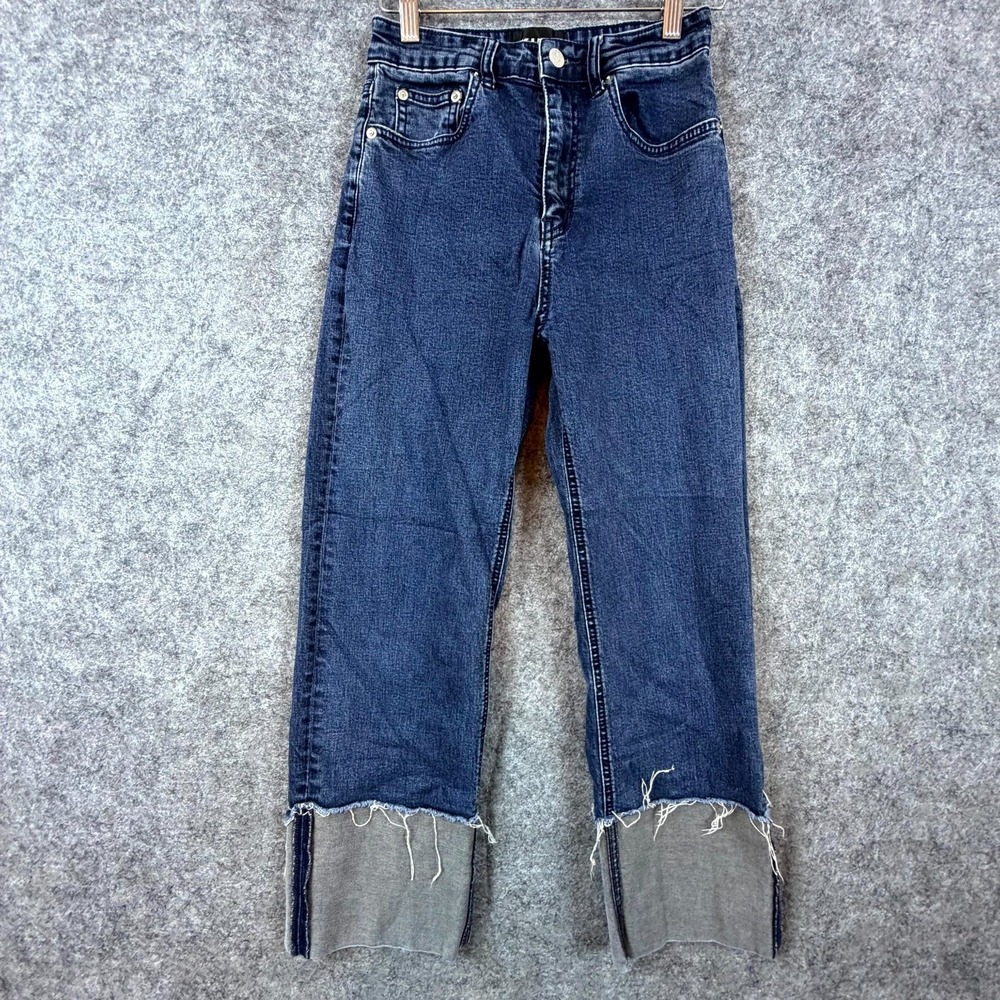 Kido Jeans Womens Small Blue‎ Denim High Rise Straight Leg Cuffed Frayed Wide
